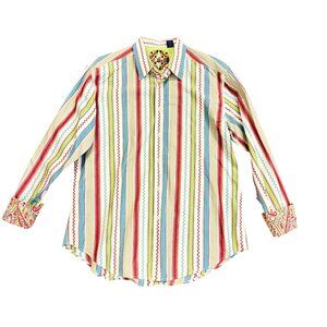 Robert Graham Men L Multicolor Striped L/S Shirt Paisley Flipped Cuffs Silk Trim